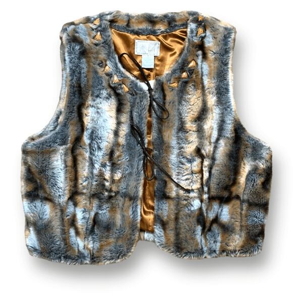 Vintage Y2K Alberto Makali Faux Fur Vest Tan Cropped Tie Front Studded Boho - Picture 11 of 11